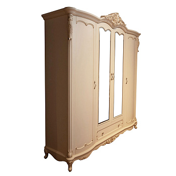 Шкаф Моника 4-дверный с зеркалами (цвет патины: золото) 219х65х234 см Молочный